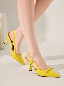 CUCCOO CHICEST Elegant Pointed-Toe High Heel Women Pumps With Bow Decor, Stylish Yellow Patent Leather Slip-On Sandal, All-Match Versatile Office & Casual Wear - Yellow - View 3