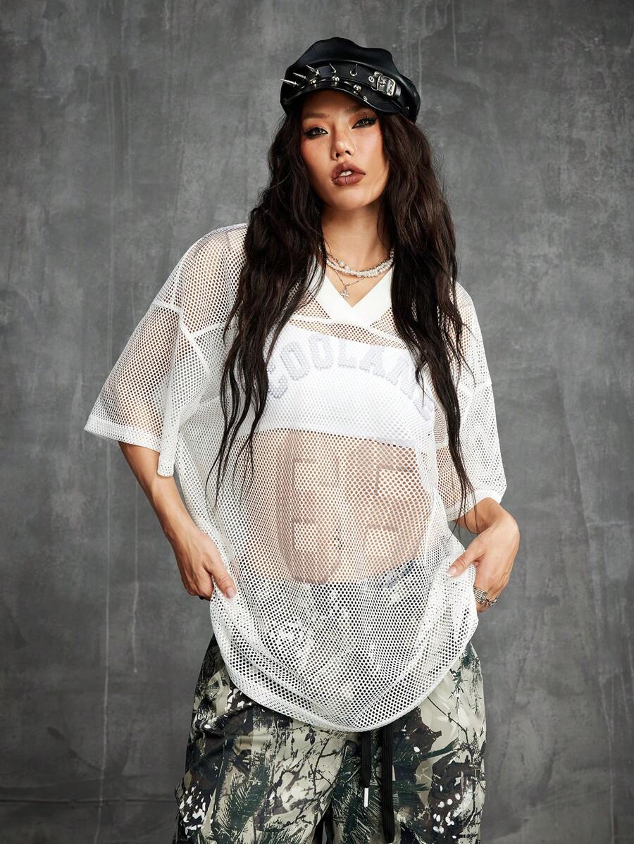 Coolane 女士春夏日常穿着 Y2K 运动服网眼数字图案图形大码白色运动衫