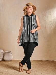 EMERY ROSE New French Stylish Elegant Loose Fit Vertical Striped Single-Breasted Asymmetrical Hem Patchwork Color Women Sleeveless Top - Black - View 6