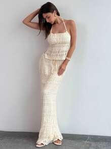 Aloruh 2 件套女士优雅纯色纹理露背吊带上衣和裙子