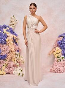 SHEIN Belle 女士浪漫优雅绿色针织面料扭纹宽松 A 字型伴娘礼服