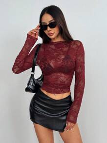 EgrlEra Blusa transparente y sexy con detalles de encaje y flores para mujer (corte aleatorio)