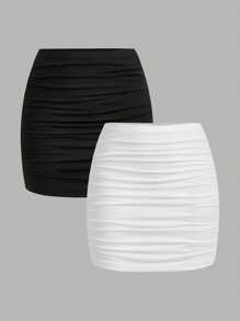 SHEIN MOD 2pcs Women Casual Ruched Bodycon Mini Skirt Set Chic Dress