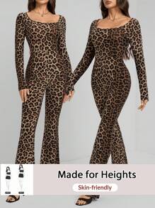 SHEIN Tall Women's Autumn Leopard Print Square Neck Long Sleeve Flared Fashion Jumpsuit