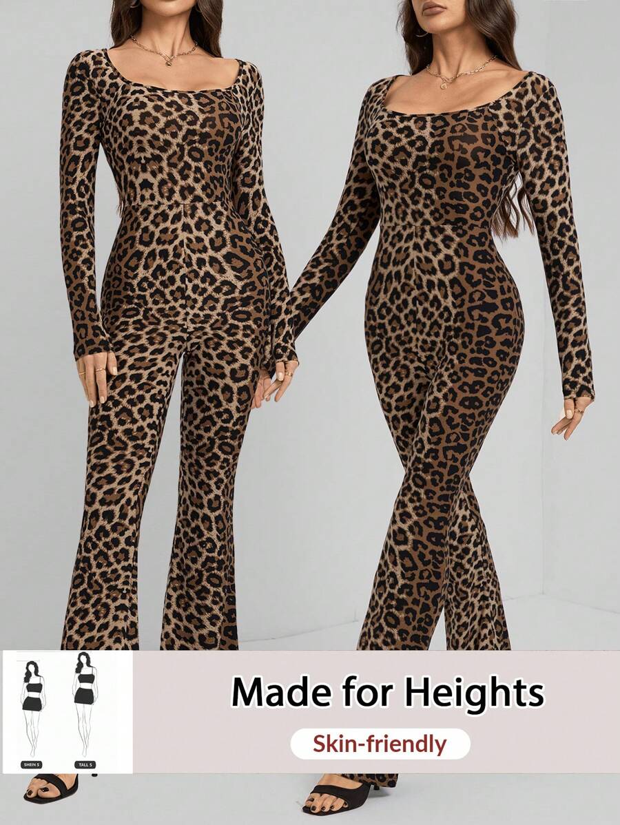 SHEIN Tall Women's Autumn Leopard Print Square Neck Long Sleeve Flared Fashion Jumpsuit