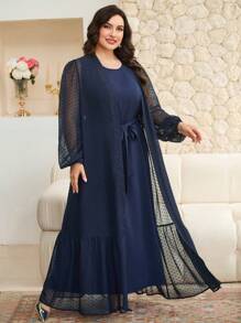 Veilorie Plus Size Solid Sleeveless Tie Waist Robe And Polka Dot Mesh Robe Arabic Outfit