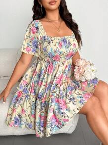 Flirla Plus Size Women Floral Print Shirred Ruffle Short Sleeve Fashion Dress For Summer - Multicolor - View 4