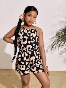 SHEIN SLAYR Tween Girl Tween Girls 编织碎花吊带连体裤，度假风格，时尚优雅的法式风格，回到校园 - 黑色 - 查看 4