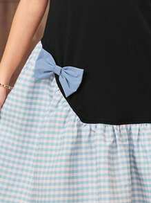 SHEIN Tween Girls Loose Casual Simplified Comfy Round Neck Pullover Patchwork Plaid Bow Decor Dress - Black - View 8