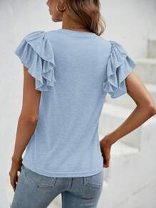女士纯色圆领荷叶边短袖休闲宽松 T 恤 - 淺藍色 - 查看 2