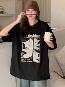 DAZY 女士休闲宽松猫咪和字母印花 T 恤可爱上衣、图案 T 恤、教师服装