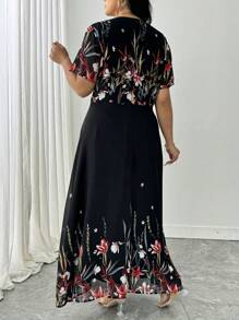 SHEIN LUNE Vestido casual elegante de manga corta con cuello redondo y estampado floral para mujer de talla grande