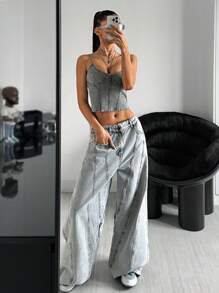 SHEIN ICON 女士日常百搭修身时尚牛仔吊带背心 - 淺色水洗藍 - 查看 6