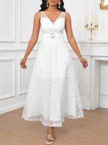 SHEIN Lady Vestido midi de mujer de cuello en V sólido blanco