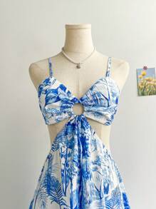 Soleia 女式复古花卉印花 V 领镂空腰 A 字形连衣裙，配有金属环装饰，度假、派对、休闲海滩、下午茶、约会 - 藍白色 - 查看 5