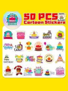 50张4.8cm*5cm卡通生日蛋糕和生日快乐蜡烛涂鸦贴纸，个性化装饰，适用于吉他、笔记本、手提箱、手提电脑、摩托车、滑板、水杯，适合母亲节、生日装饰。 - 彩色 - 查看 6
