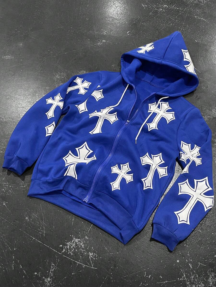 Manfinity EMRG Men's Ins Young Street Solid Color Street Print Pattern Loose Long Sleeve Hoodie, Suitable For Music Festivals And Daily Wear. It Is An Ideal Gift For Your Boyfriend Or Husband, Perfectly Integrating Streetwear And Y2K Fashion. Men's Street Print Hoodie - Blue - View 1