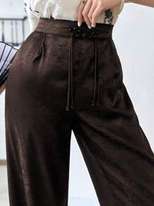 Modelyn Jacquard Drawstring Waist Wide Leg Pants, Hanfu Bottoms - Coffee Brown - View 1