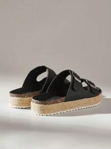Solecia Sandalias de suela gruesa con material de PU negro y cuerda en la parte inferior, adecuadas para ir al trabajo, citas, fiestas y vacaciones