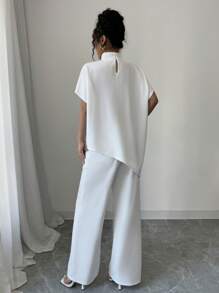 Elenzga 2 chiếc/bộ áo cánh và quần dài cổ đứng không đối xứng cho nữ - trắng - Xem 3