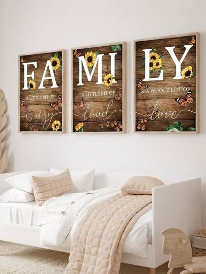 3 件套无框向日葵墙壁艺术装饰、蝴蝶帆布印刷壁画、乡村印刷海报、励志名言艺术印刷品、家庭绘画、花卉艺术品、家居装饰、房间美学、海报、理想礼物、适用于客厅、卧室、浴室、咖啡厅、无框