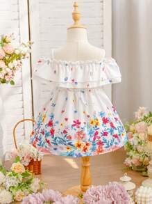 SHEIN Toddler Girls Floral Print Off Shoulder Ruffle Hem Spaghetti Strap Dress, Spring & Summer Spring Dresses For Baby Girls Baby Spring Dress Baby Dresses Fashionable
