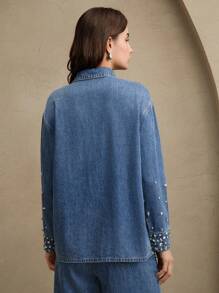 Anewsta Embellished Casual & Versatile Women's Denim Shirt - Blue - View 2