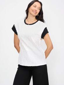 EMERY ROSE Elegantes, lässiges, plissiertes Farbblock Rundhals Kurzarm Damen T-Shirt