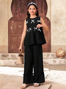 SHEIN Leap Crew 2 Pieces Set For Tween Girls: Round Neck Color Block Bow Accent Top And Flare Leg Pants, Casual - Black - View 3