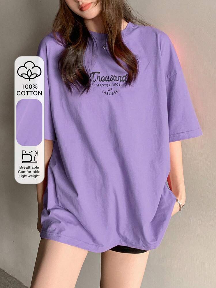 Women's Drop Shoulder Slogan Printed T-Shirt Thousand MASTERPIECES OF LABORER Summer Oversized T-Shirt Preppy Tops
