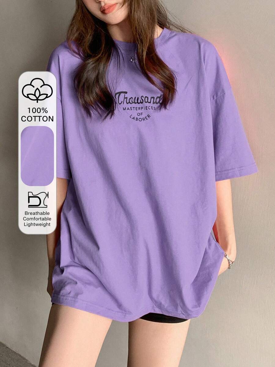 DAZY Women's Drop Shoulder Slogan Printed T-Shirt Thousand MASTERPIECES OF LABORER Summer Oversized T-Shirt Preppy Tops - Violet Purple - View 1