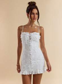 SHEIN BAE White Hollow Out Floral Tie Front Sleeveless Dress, Sweet & Sexy Casual Fit And Flare Sundress, Suitable For Dates, Vacation, Party, Wedding, Prom, Graduation, Daily Wear