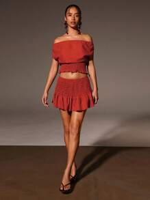 Athîral Women's Solid Colour Bardot Ruched Waist Top - Red - View 3