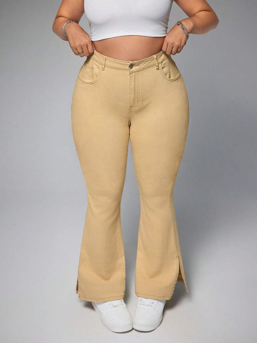 SHEIN EZwear Plus Size Casual Solid Color Flared Split Hem Bootcut Jeans - Khaki - View 1