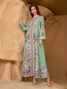 Al Najma Women's Ramadan Printed Loose & Elegant Robe,Modest - Green - View 5