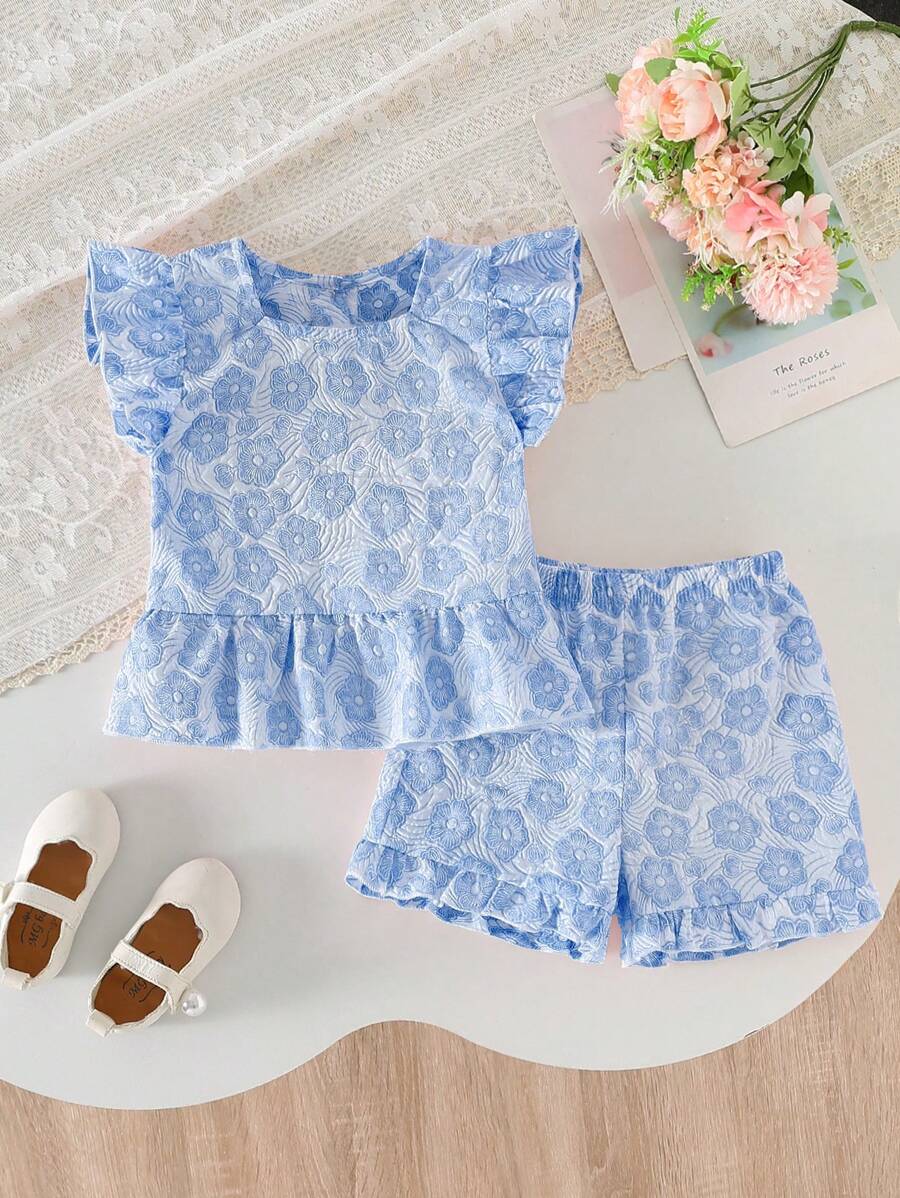 Set de 2 piezas compuesto por blusa jacquard de cuello cuadrado y manga corta elegante para niña joven, y shorts jacquard de cintura elástica y pierna recta