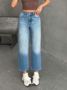 EURMUSE HIGH WAIST CROPPED STRAIGHT LEG JEAN - Medium Wash - View 5