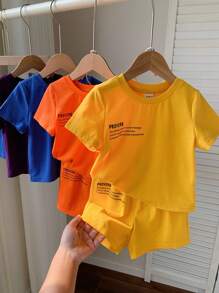 SHEIN Leap Crew 8 件/套婴儿男孩和女孩休闲可爱图形字母印花连帽长袖毛衣上衣和针织短裤 2 件套服装，适合春夏穿着、居家和户外