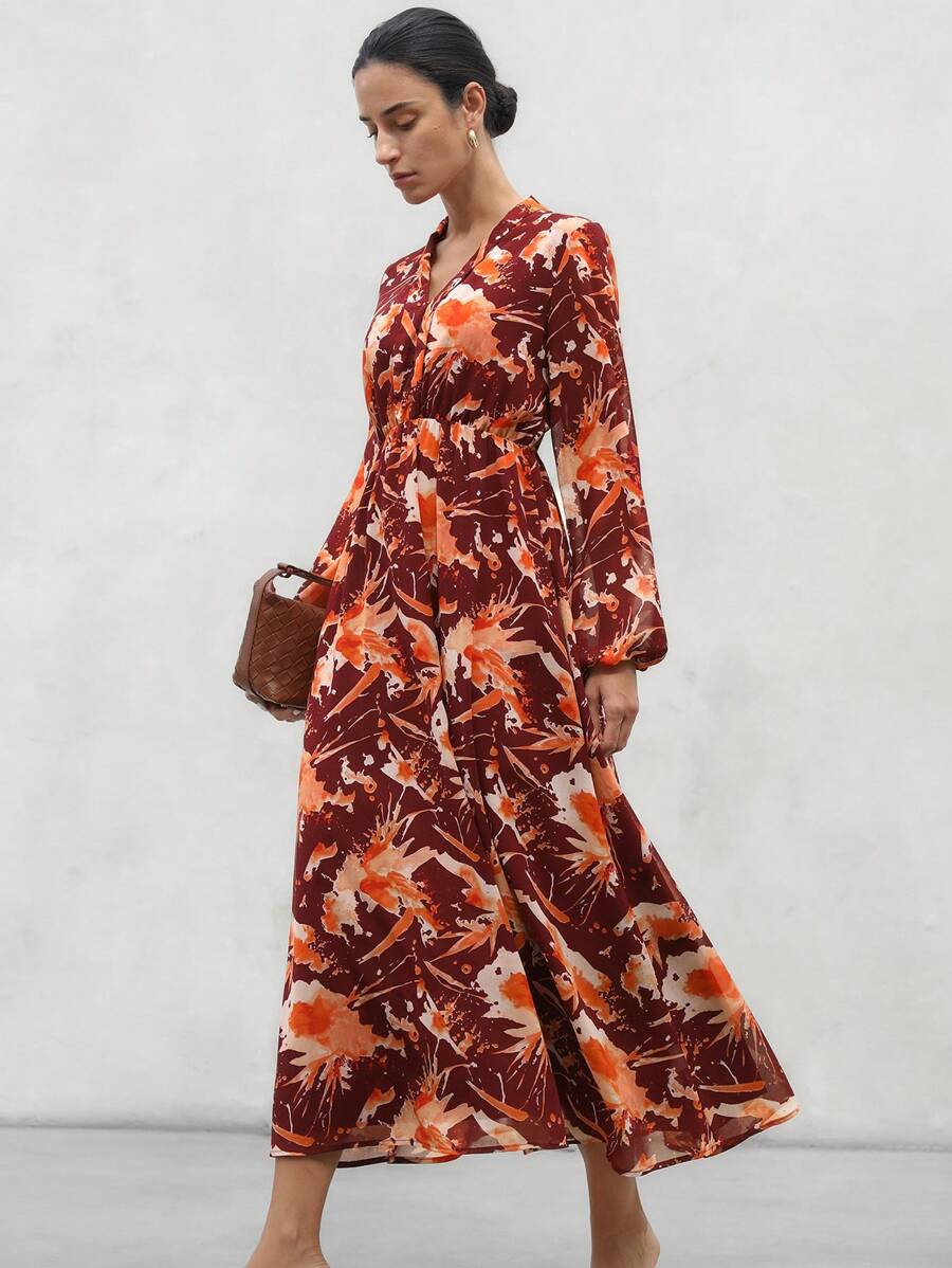 SHEIN Privé Tie-Dye Painting Print Long Sleeve Dress For Women Fall Cloth For Women - Multicolor - View 1