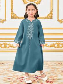 SHEIN Leap Crew Young Girl National Pattern Long Robe - Green - View 6