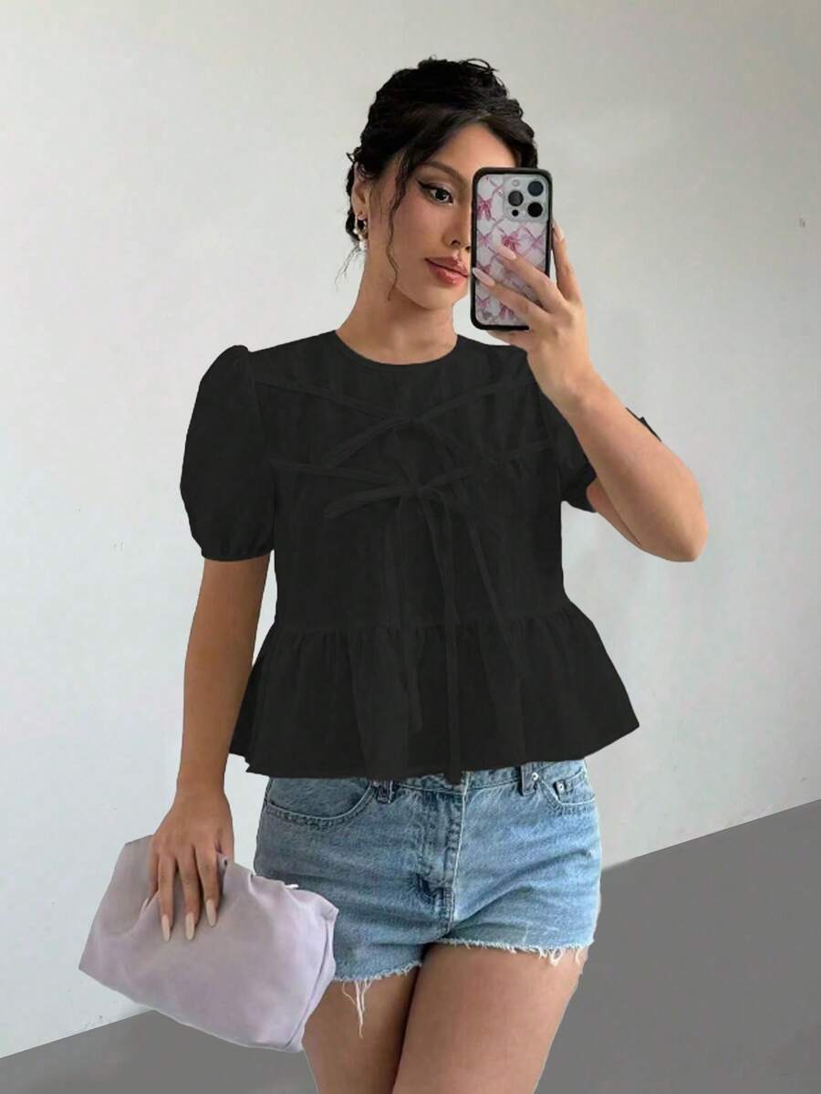 Selianne Kemeja Kasual Polos Lengan Mengembang dengan Hiasan Pita - Hitam - View 1