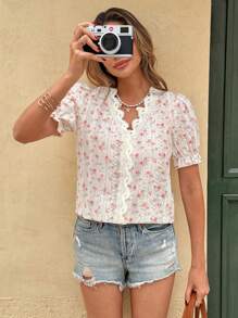 Serisse Women's Floral Print Contrast Lace Ruffle Short Sleeve Fashion Blouse Summer Vacation Flower - Apricot - View 6