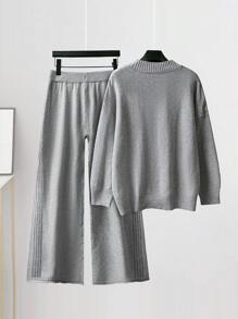 SHEIN LUNE Plus Size Women Knitted Wool Sweater Lounge Set, Coffee Color - Grey - View 2