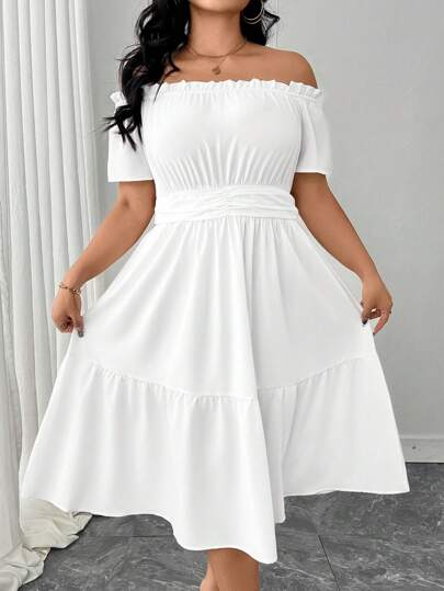 SHEIN Clasi Spring, Summer, Autumn Elegant Commuter Casual Women's Fashion Versatile Hot-Selling Soft Fabric Elastic Ruffle Off Shoulder Short Sleeve Wrinkle Waist Decor Shrinkage Hem Design Plus Size White Dress