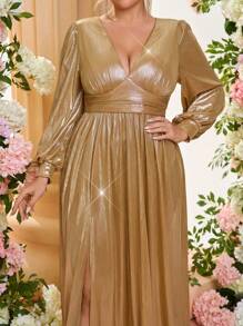 SHEIN Belle Vestido de noche formal de tela metálica con escote en V profundo en color dorado, para invitada de boda, fiesta, vestido de gala, talla grande - Champán - Ver 3