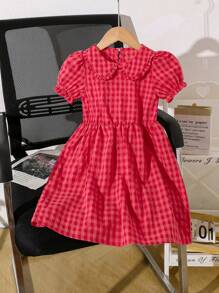 SHEIN Elladie kids 夏季年轻女孩格子泡泡袖休闲连衣裙