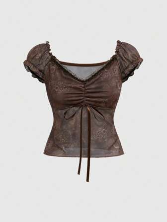 Hippie Vintage Hippie V-Neck Bow Decor Contrast Ditsy Floral Slim Fit Versatile Women T-Shirt