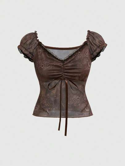 ROMWE Hippie 复古嬉皮士 V 领蝴蝶结装饰对比碎花修身百搭女式 T 恤