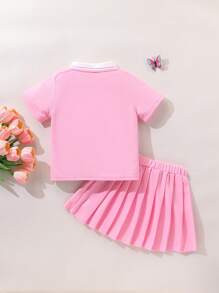 2 件套女童短领前扣刺绣松紧腰褶边休闲运动套装，夏季