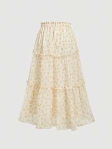 SHEIN MOD Women's Chiffon Yellow Ditsy Floral Patchwork Bohemian Prairie Skirt,Butter Yellow